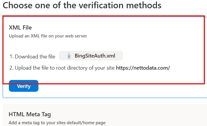 Bing Webmaster Tools 三种网站验证方式,红框标注 XML File
